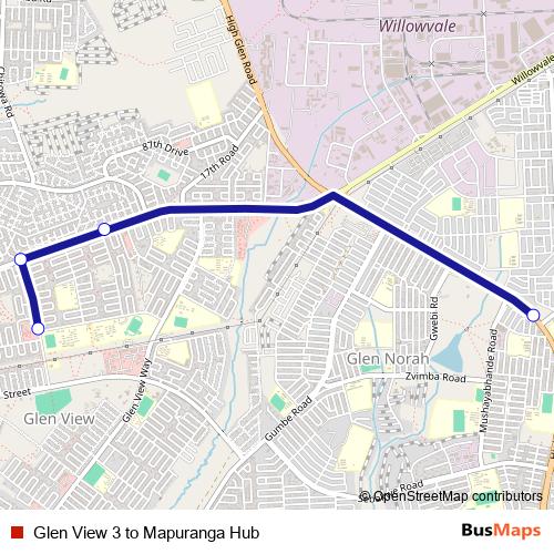 Glen View 3 to Mapuranga Hub bus Line Map