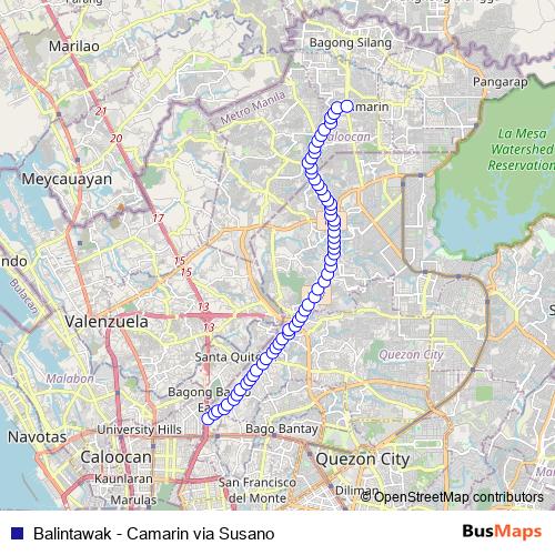 Balintawak - Camarin via Susano bus Line Map