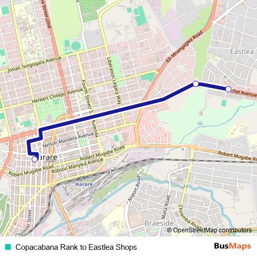 Copacabana Rank to Eastlea Shops bus Line Map