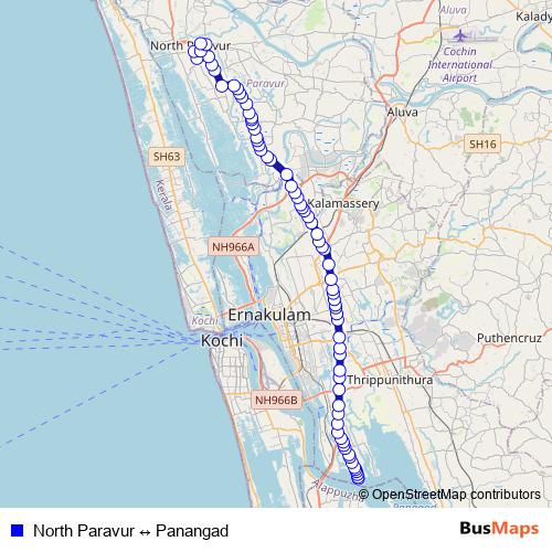 North Paravur ↔ Panangad bus Line Map