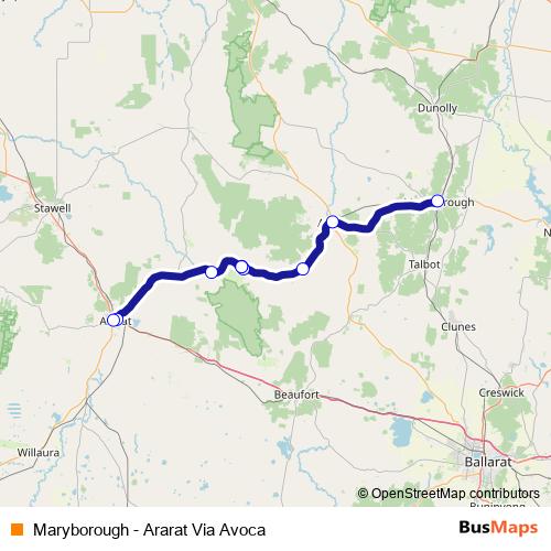 Maryborough - Ararat Via Avoca bus Line Map