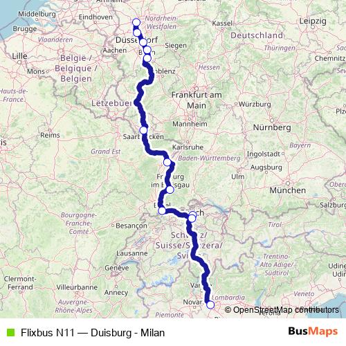 Flixbus N11 bus Line Map