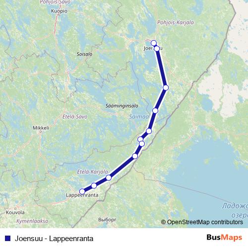 Joensuu - Lappeenranta bus Line Map
