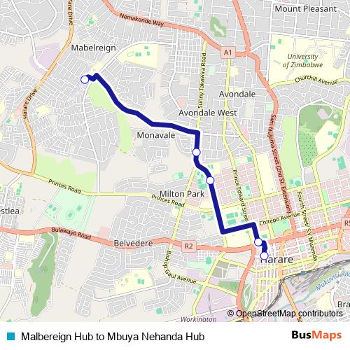 Malbereign Hub to Mbuya Nehanda Hub bus Line Map