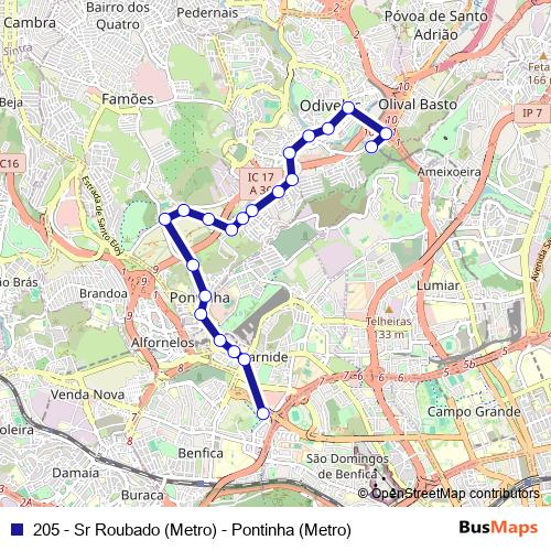 205 - Sr Roubado (Metro) - Pontinha (Metro) bus Line Map