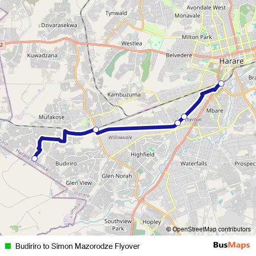 Budiriro to Simon Mazorodze Flyover bus Line Map