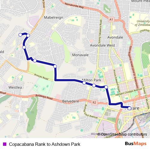 Copacabana Rank to Ashdown Park bus Line Map
