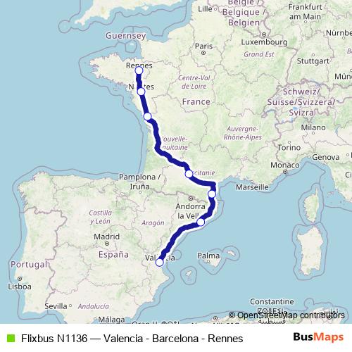 Flixbus N1136 bus Line Map