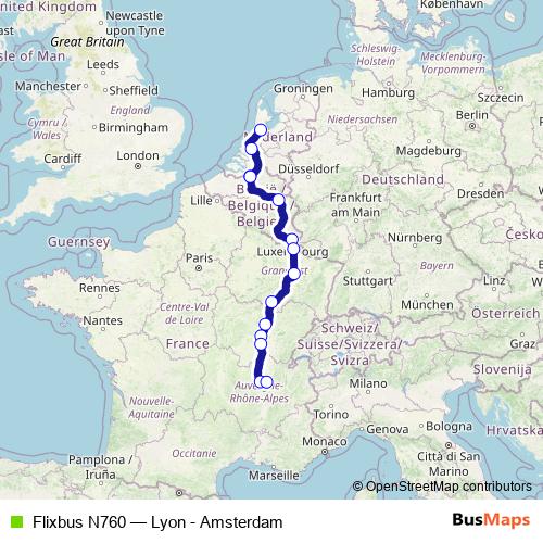 Flixbus N760 bus Line Map