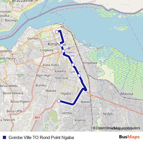 Gombe Ville TO Rond Point Ngaba bus Line Map