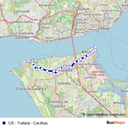 125 - Trafaria - Cacilhas bus Line Map