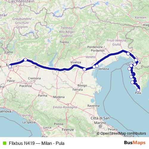 Flixbus N419 bus Line Map