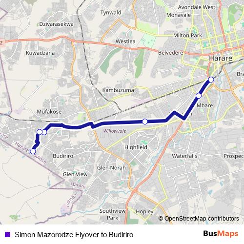 Simon Mazorodze Flyover to Budiriro bus Line Map
