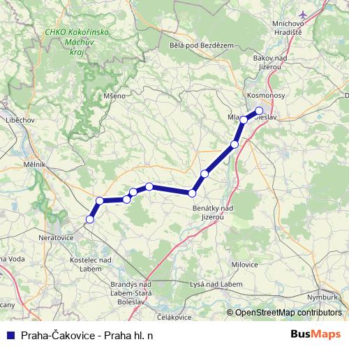 Praha-Čakovice - Praha hl. n rail Line Map