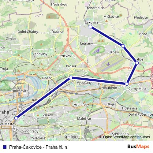 Praha-Čakovice - Praha hl. n rail Line Map