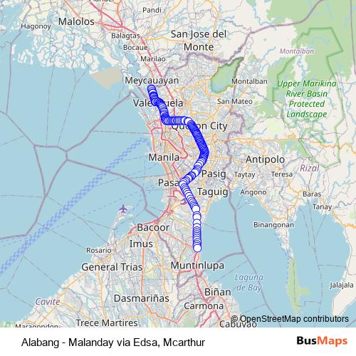 Alabang - Malanday via Edsa, Mcarthur bus Line Map