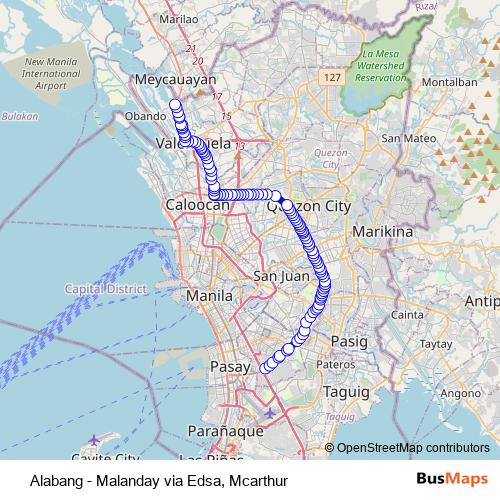 Alabang - Malanday via Edsa, Mcarthur bus Line Map