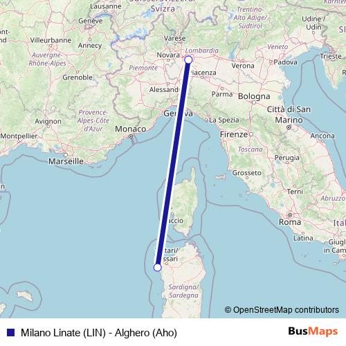 Milano Linate (LIN) - Alghero (Aho) air Line Map