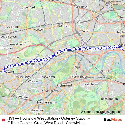 H91 bus Line Map