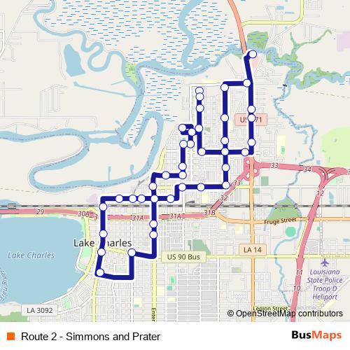 Route 2 - Simmons and Prater bus Line Map