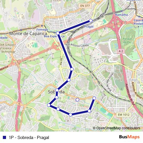 1P - Sobreda - Pragal bus Line Map