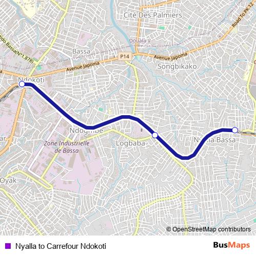 Nyalla to Carrefour Ndokoti bus Line Map