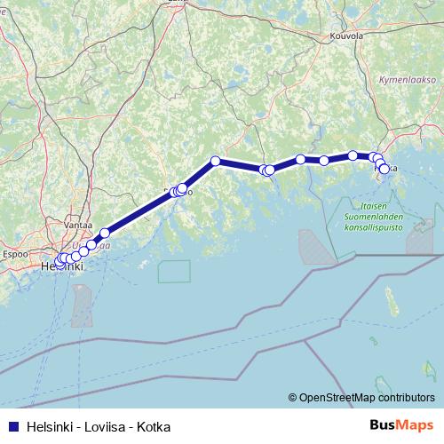 Helsinki - Loviisa - Kotka bus Line Map