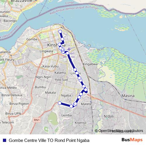 Gombe Centre Ville TO Rond Point Ngaba bus Line Map