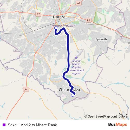 Seke 1 And 2 to Mbare Rank bus Line Map