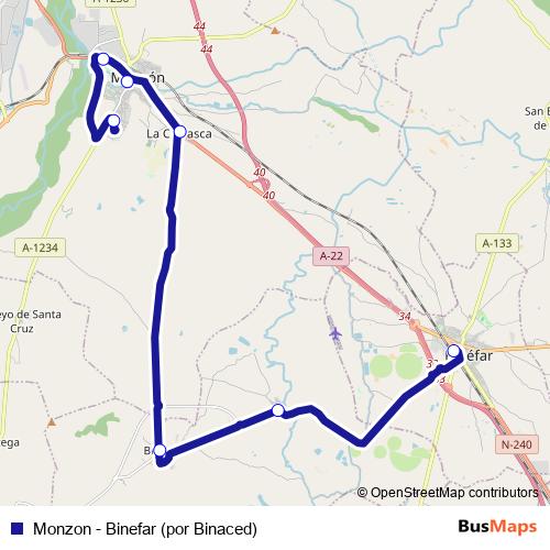 Monzon - Binefar (por Binaced) bus Line Map