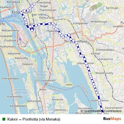 Kaloor ↔ Poothotta (via Menaka) bus Line Map