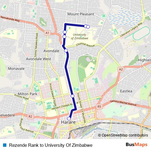 Rezende Rank to University Of Zimbabwe bus Line Map