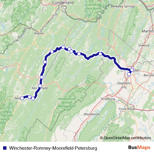 Winchester-Romney-Moorefield-Petersburg bus Line Map
