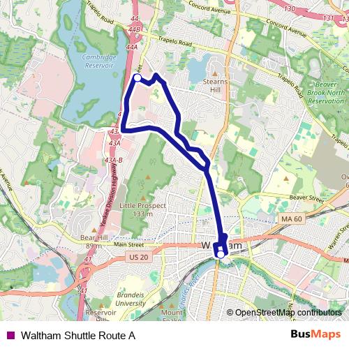 Waltham Shuttle Route A bus Line Map