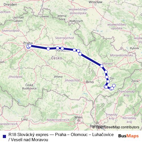 R18 Slovácký expres rail Line Map