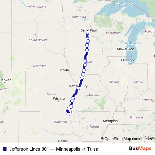 Jefferson Lines 801 bus Line Map