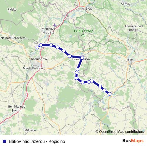 Bakov nad Jizerou - Kopidlno rail Line Map