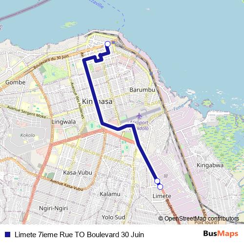 Limete 7ieme Rue TO Boulevard 30 Juin bus Line Map