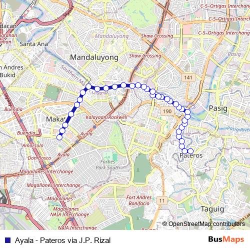 Ayala - Pateros via J.P. Rizal bus Line Map