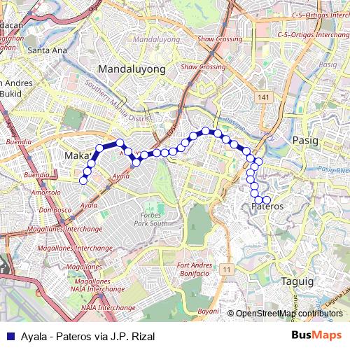 Ayala - Pateros via J.P. Rizal bus Line Map