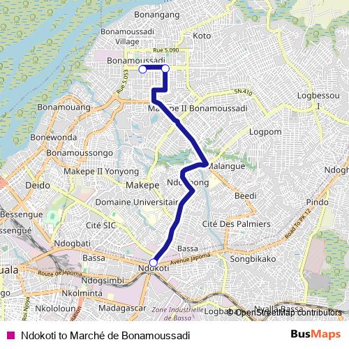 Ndokoti to Marché de Bonamoussadi bus Line Map