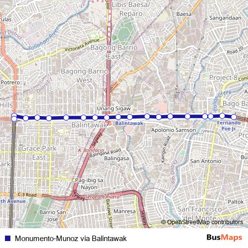 Monumento-Munoz via Balintawak bus Line Map