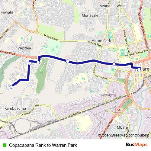 Copacabana Rank to Warren Park bus Line Map