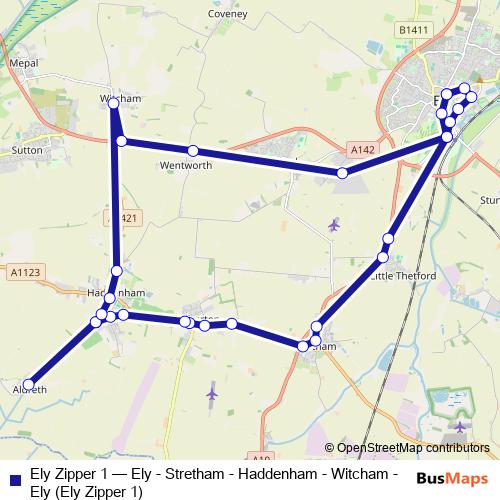 Ely Zipper 1 bus Line Map