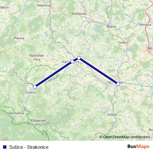 Sušice - Strakonice rail Line Map