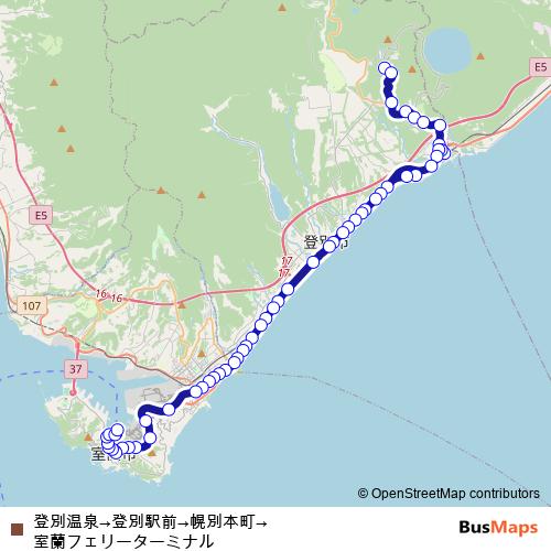 登別温泉→登別駅前→幌別本町→室蘭フェリーターミナル bus Line Map