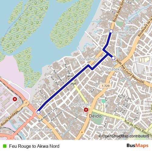 Feu Rouge to Akwa Nord bus Line Map