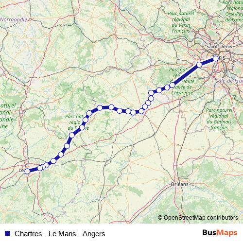 Chartres - Le Mans - Angers rail Line Map