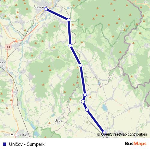 Uničov - Šumperk rail Line Map