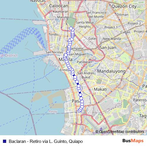 Baclaran - Retiro via L. Guinto, Quiapo bus Line Map